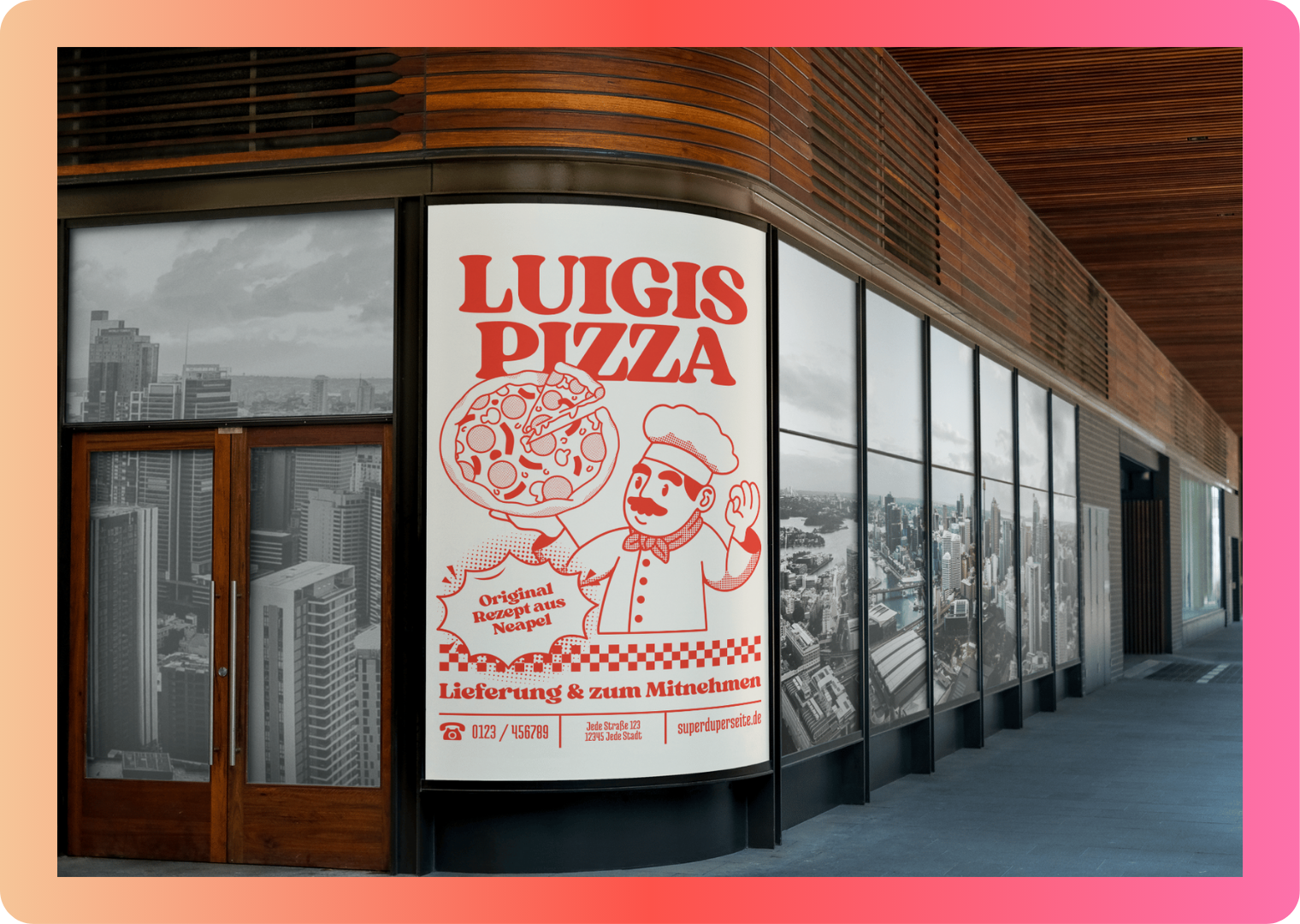 Digitales Außendisplay mit Luigis Pizza Werbung an einer Glasfassade – realisiert durch unseren wetterfesten Digital Signage Service für Restaurants.