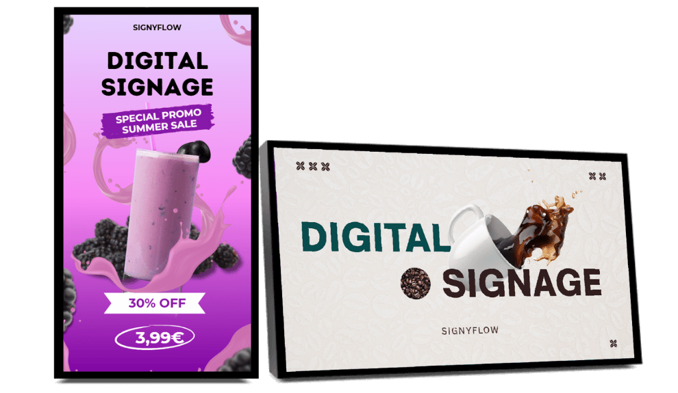 Zwei moderne Digital Signage Werbedisplays mit kreativen Designs für Smoothie- und Kaffeeangebote – umgesetzt mit unserem Service für den Einzelhandel.