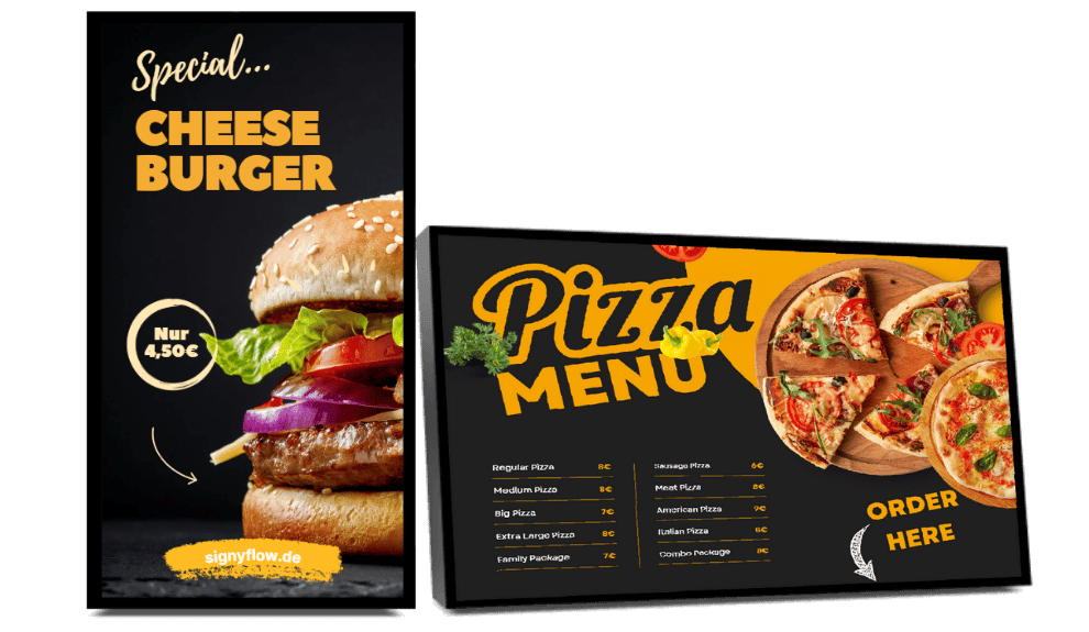 Digital Signage Menü-Displays mit Burger-Werbung und Pizza-Menü für Restaurants