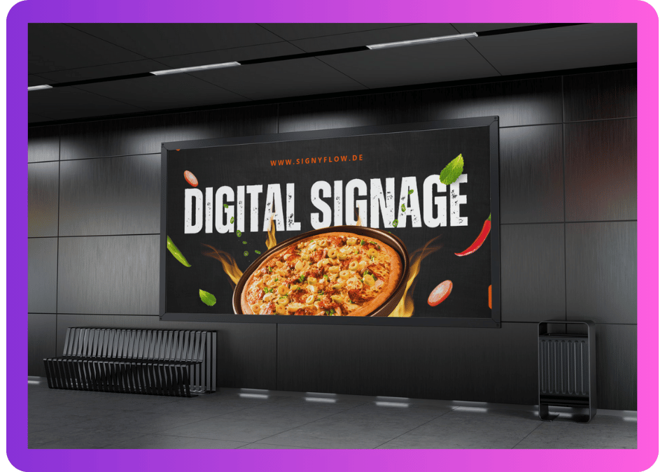 Digital Signage Werbedisplay mit Pizza-Werbung in einem modernen Innenbereich