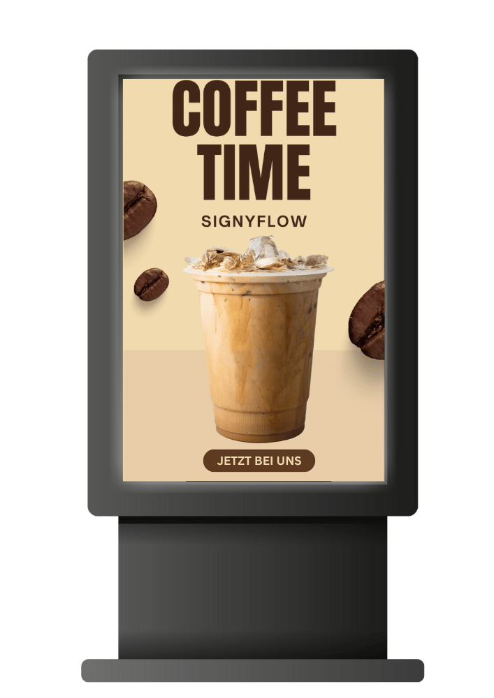 Digitales Werbedisplay mit Coffe-Angebot und dem Schriftzug "Coffee Time – Jetzt bei uns" von SignyFlow