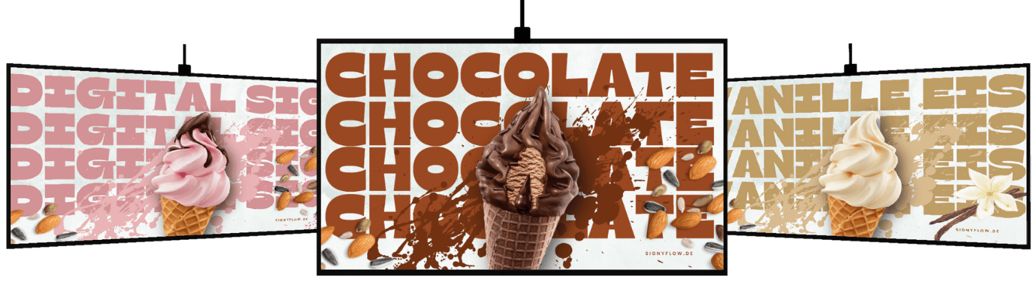 Drei digitale Displays mit individuell gestaltetem Eiscreme-Layout – Teil unseres Digital Signage Services für aufmerksamkeitsstarke Produktpräsentation.