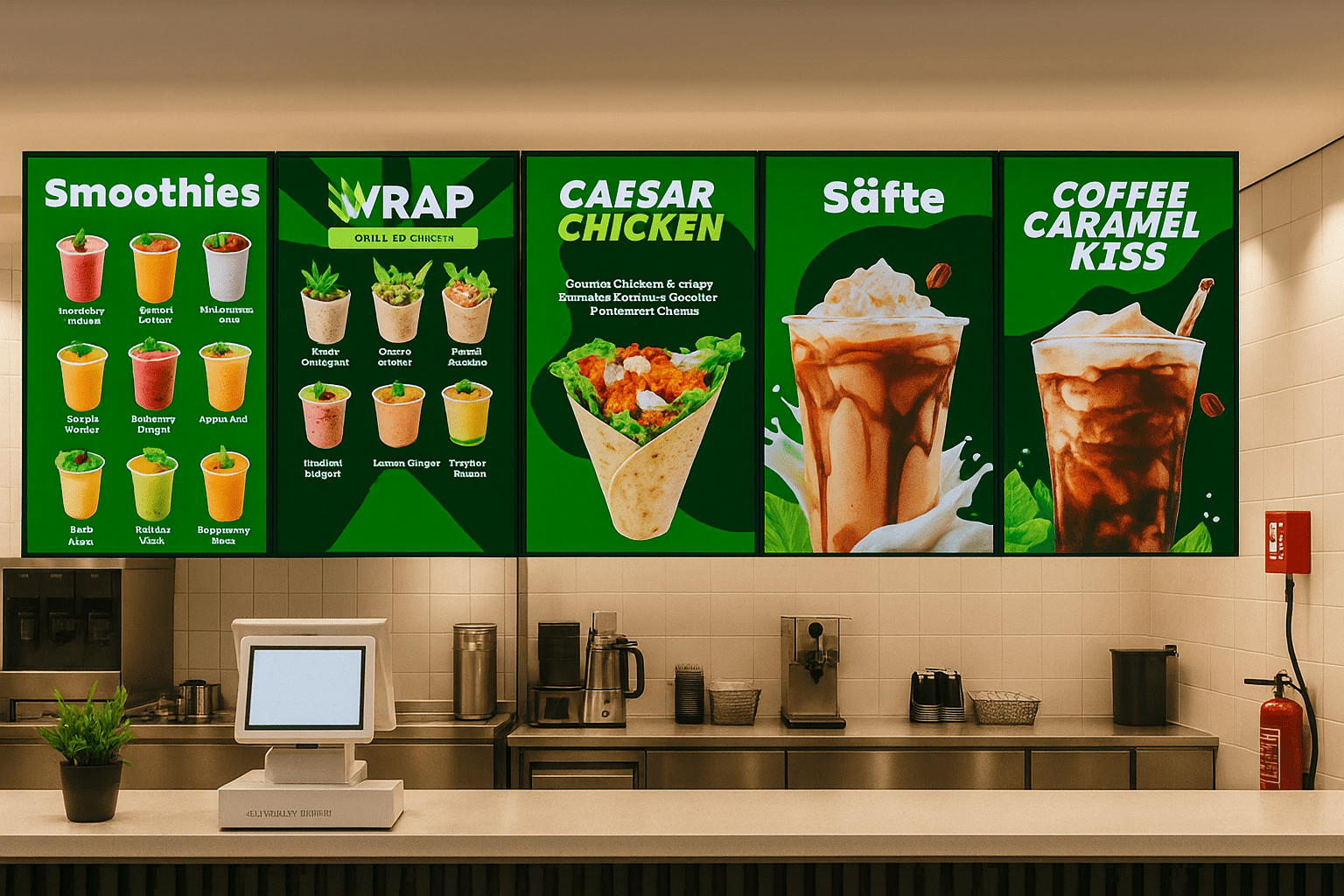Digitales Menüboard für Smoothies, Wraps und Chicken-Snacks in einem Schnellrestaurant