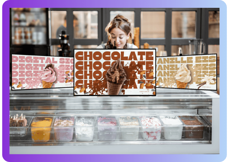 Digitale Menüboards in einer Eisdiele mit Displays für Schoko-, Erdbeer- und Vanilleeis – moderne Digital Signage Lösung am Verkaufstresen