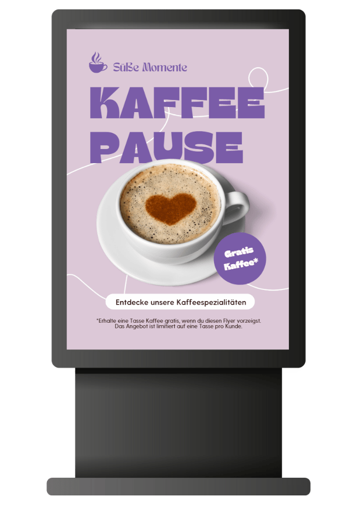 Digital Signage Anzeige mit Kaffeepause-Werbung auf einem Werbedisplay von SignyFlow