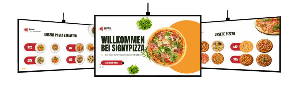 Digital Signage Menüboards mit Pizzamenü und Preisen auf drei Displays in der Gastronomie
