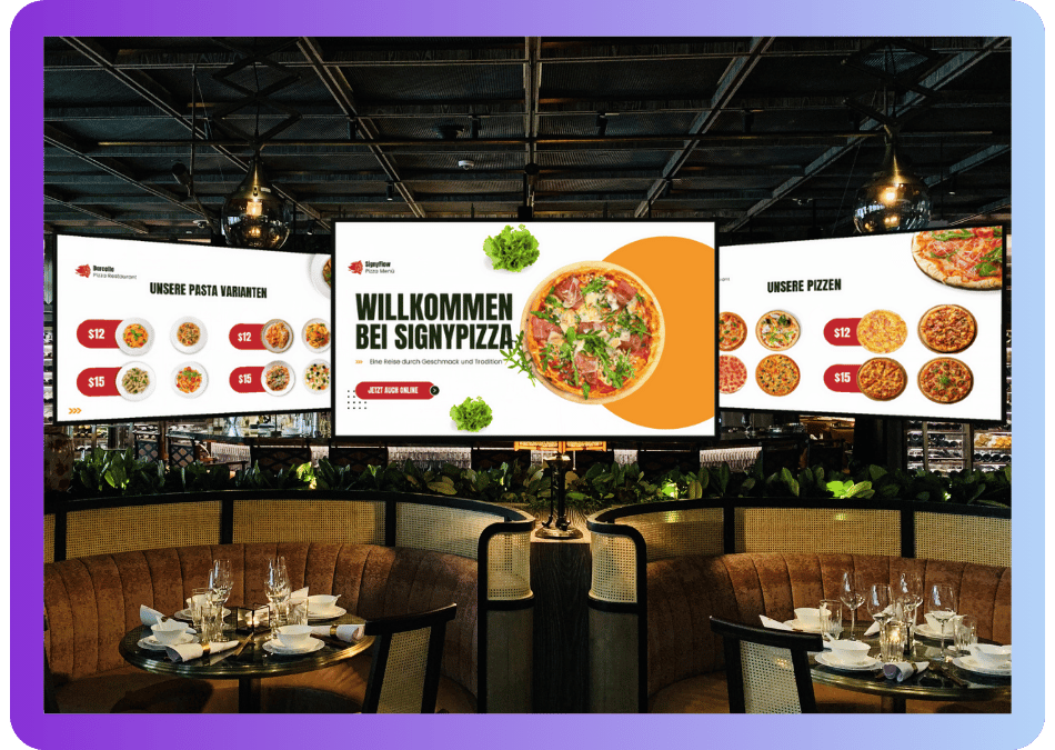 Digital Signage Menüboards im Restaurant mit Pizza- und Pastaangebot über der Sitzgruppe